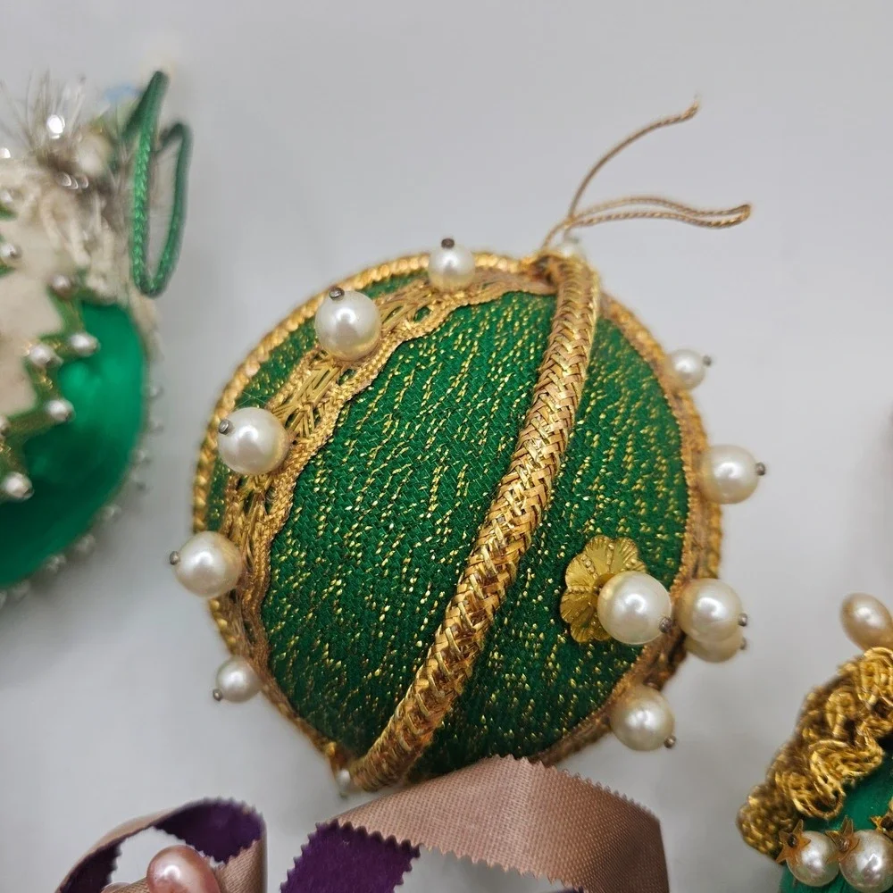 6‎ Vintage Handmade Satin Beaded Christmas Ball Ornaments Green Gold Pearl